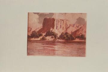 The Temple in Virgin Canyon.  Seen by Oscar Jaeger 1927, Aug. 06, and painted by him