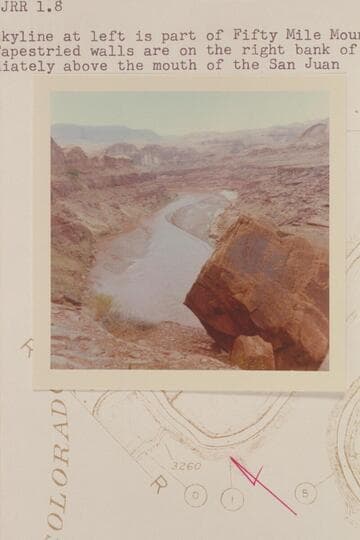Down the San Juan River from the downstream side of the cove at Mile 1. The skyline at left is part of Fifty Mile Mountain. The Tapestried walls are on the right bank of the Colorado immediately above the mouth of the San Juan