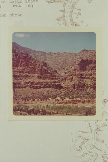 Arch on horizon across from the mouth of Chandler Creek. Taken from top of talus above pictograph cave, Mile 47