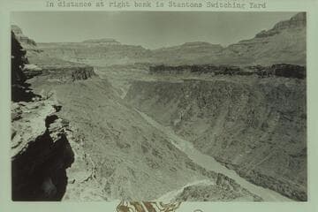 Downriver from Mile 105 1/2 at the Tonto Plateau level. Serpentine Rapid in middle distance is Mile 106. In distance at right bank is Stantons Switching Yard