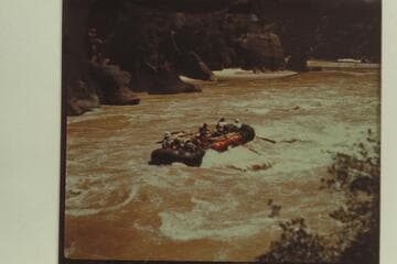 Pontoon (Baloney Boat) in lower end of Triplet Rapid. Frank Hatch and Dave Allen, boatmen. Appalachian Mountain Club trip