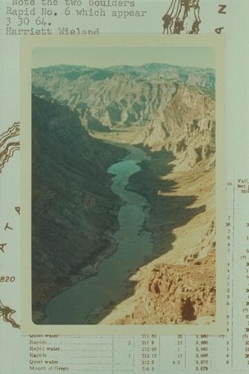 Down Cataract Canyon from the rim near Mile 210.5 to Tilted Park. The mouths of Y and Cross Canyon are upper left center. The slump block is upper right