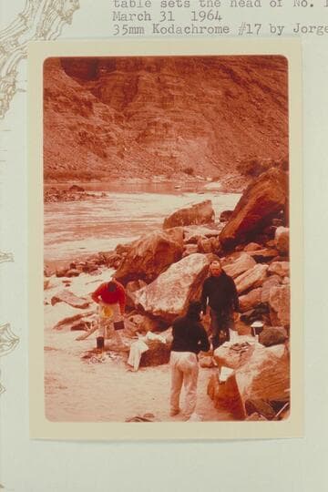 Up from camp at Mile 204.9, left bank. Buzz Belknap, Dock Marston, Bill Belknap. The side canyon is the outlet of Wide Valley. The rapid is No. 13 shown on LaRue photo No. 21-9-17 CTCN 204-95 at the upper end of fan at Range Canyon