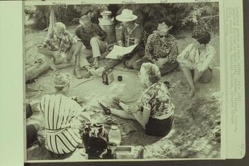 Breakfast gabfest at Paria Riffle. Clockwise starting at upper left: Masland, Eisaman, Marston, Bell, Maradel Marston, Rosalind Johnson and Margaret Marston