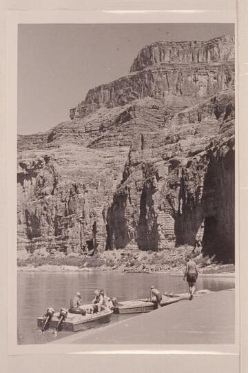 The boats and crew above President Harding Rapid. Left to right: Sanderson; Desloge; Cutler; Belknap; Visbak
