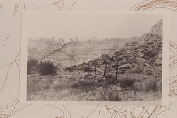The Sentinels. Top of Spanish Trail. Spanish Bottom as seen from river level at entrance to Cataract Canyon. The Spanish Trail is marked in black ink