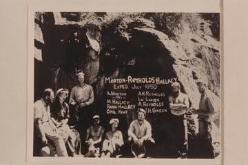 Reynolds-Morton party at foot of Triplet Falls in the Canyon of Lodore. Al Morton; Mrs. Rhoda Hallacy; Lt. J. Green; Adrian Reynolds; Miss Opal Kemp; Mike Hallacy; Lug Larsen; A. K. Reynolds