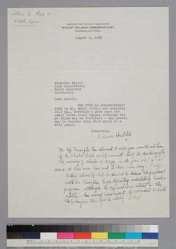 EPH writes to astronomy graduate student Nicholas Mayall regarding specific nebulae and their characteristics. In a postscript