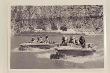 The "Rattlesnake" and the "Bootoo" cruising on upper Lake Mead. Joe Desloge; Rod Sanderson; Argwen Bundy; and Hugh Cutler are in the "Rattlesnake." Spence Cavalliere, Joe Eisaman, Dock Marston, and Frank Masland in the "Bootoo."