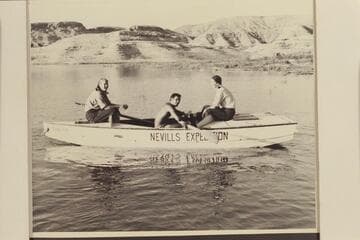 Zoe Desloge, Garth Marston, Anne Desloge at end of 1947 traverse of the Grand Canyon. At Pierces Ferry