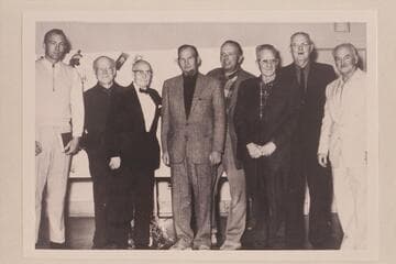 Grand Canyoneers at the Emery Kolb dinner party at Grand Canyon. Gay Stavely; Dock Marston; Emery Kolb; Jim Jordan; Bill Belknap; Elwyn Blake; Ed Hudson; Harry Aleson
