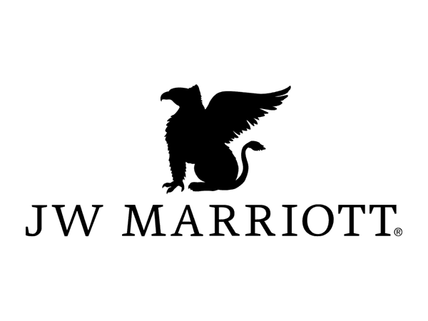 A black logo with an illustration of a sitting gryphon with a raised wing, underneath reads "JW MARRIOTT"