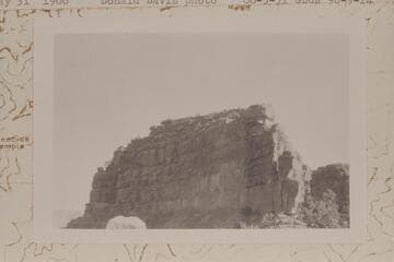Summit block of Tower of Ra looking south from 100 yards north along Ra ridge from the Stanton photo point. The vertical crack at far left is a potential climbing route but it is very unlikely that Stanton-Hislop-Kane attempted it