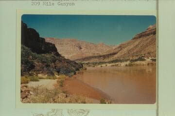 Upriver from mouth of 209 Mile Canyon in Granite Park. The party started off the Sanup Plateau to travel Indian Canyon to the river but found they had been in 209 Mile Canyon