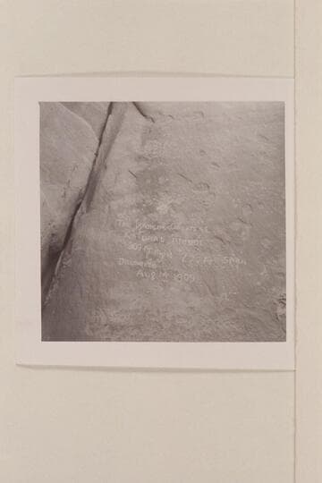 Inscription on leg of Rainbow Bridge reading: "The Worlds Greatest Natural Bridge, 309 ft. high, 277 ft. Span, Discovered and Surveyed Aug. 14, 1909"