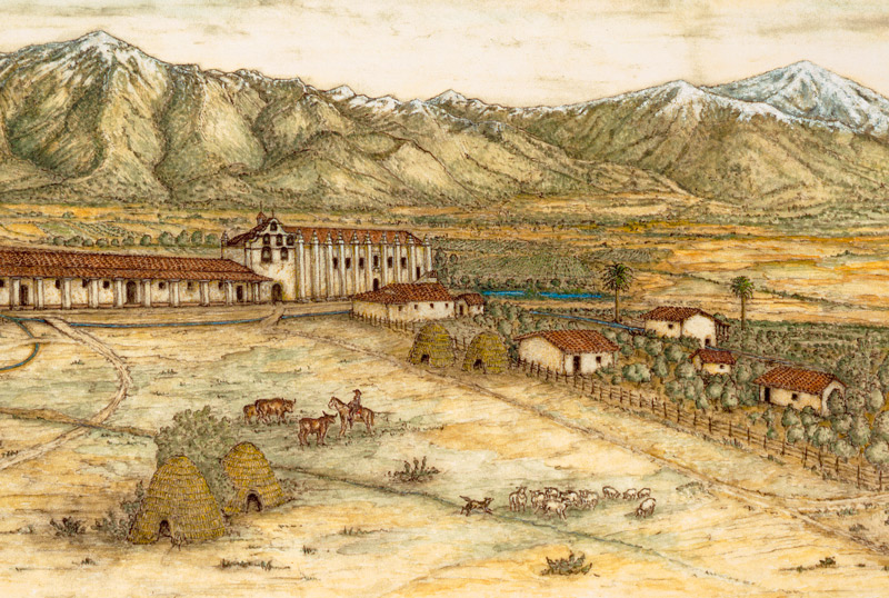 Detail from Michael Hart's drawing of the San Gabriel Mission. Detail from Michael Hart's drawing of the San Gabriel Mission.